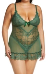 Oh La La Cheri Valentine Soft Cup Babydoll Chemise & G-string Thong In Dark Green