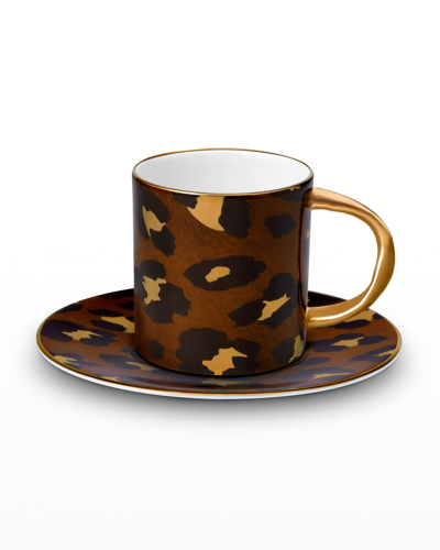 L'objet Leopard 2-piece 24k Gold & Porcelain Espresso Cup & Saucer Set In Brown