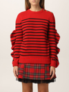 Red Valentino Red And Black Striped Wool Blend Sweater With Ruches Detail