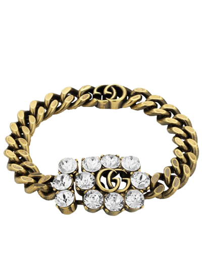 Gucci Crystal-embellished Logo-plaque Bracelet In Gold,crystal