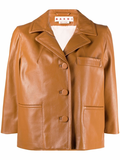 Marni Collared Leather Jacket In Braun