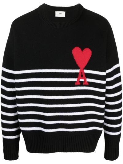 Ami Alexandre Mattiussi Ami De Caur-logo Striped Organic-cotton Jumper In Black