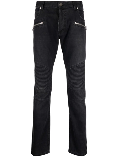 Balmain Slim Cut Ribbed Faded Cotton Jeans In Black