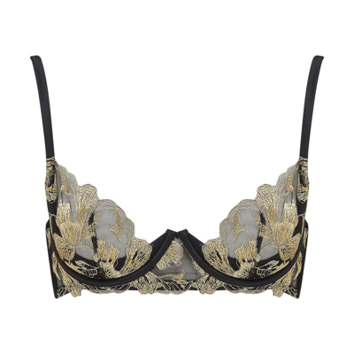 Coco De Mer Aria Metallic Embroidered Tulle And Satin Underwired Soft-cup Bra In Black And Gold