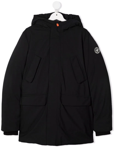 Save The Duck Teen Logo-patch Padded Hooded Coat In Black
