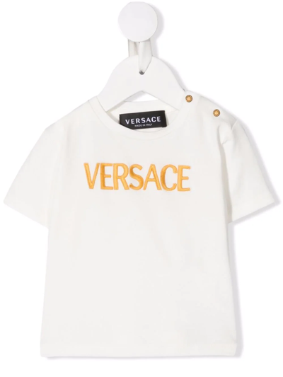 Versace Babies' Embroidered Logo Stretch-cotton T-shirt In White