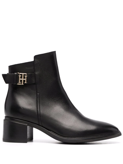Tommy Hilfiger Logo-plaque Heeled Leather Ankle Boots In Black