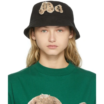 Palm Angels Black Sprayed Bear Bucket Hat In Black Brown