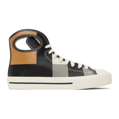Burberry Black & White Check Porthole High-top Sneakers In Black/camel