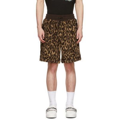 Amiri Wide-leg Leather-trimmed Leopard-print Fleece Shorts In Brown