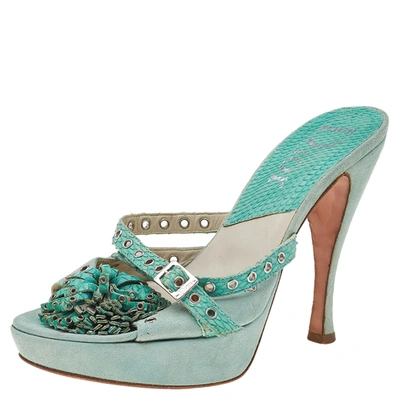 Pre-owned Dior Aqua Green Suede And Python Embossed Leather Eyelet Detail Platform Slide Sandals Size 39