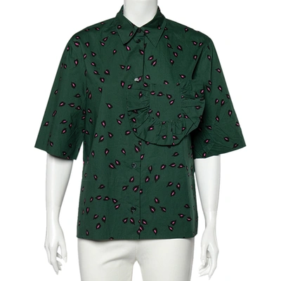 Pre-owned Marni Green Printed Ruffled Trim Pocket Detailed Button Front Shirt S