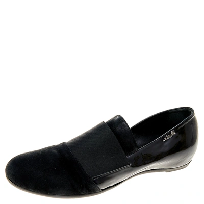 Pre-owned Loriblu Black Suede And Patent Leather Slip On Loafers Size 38