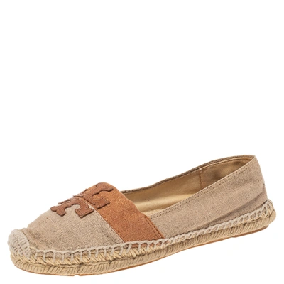 Pre-owned Tory Burch Beige/brown Canvas Espadrille Flats Size 37