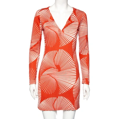 Pre-owned Diane Von Furstenberg Dull Orange Printed Silk Reina Long Sleeve Dress S