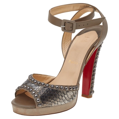 Pre-owned Christian Louboutin Taupe Snakeskin And Leather Zobra Platform Sandals Size 37.5 In Brown