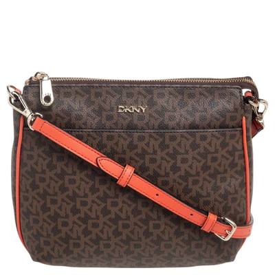 Pre-owned Dkny Orange/brown Signature Coated Canvas And Leather Trim Messenger