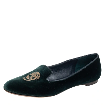 Pre-owned Alexander Mcqueen Green Velvet Skull Embroidered Smoking Slippers Size 37