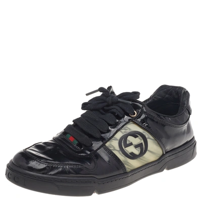 Pre-owned Gucci Black Patent Leather Interlocking G Hologram Logo Low Top Trainers Size 41