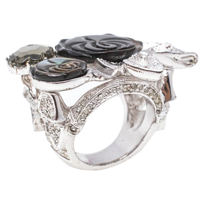 Pre-owned Dior Silver Tone Crystal Bow Detail Cocktail Ring Size 54