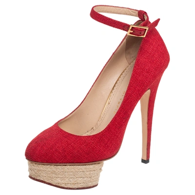 Pre-owned Charlotte Olympia Red Canvas Dolly Platform Pumps Size 38