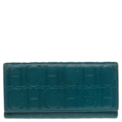 Pre-owned Carolina Herrera Green Monogram Embossed Leather Flap Continental Wallet