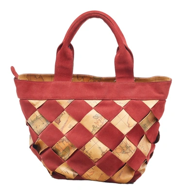 Pre-owned Alviero Martini 1a Classe Beige/red Geo Print Woven Coated Canvas And Suede Tote