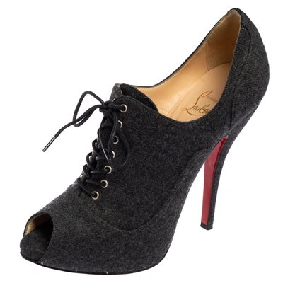 Pre-owned Christian Louboutin Grey Lace Up Flannel Lady Derby120mm Ankle Booties Size 37