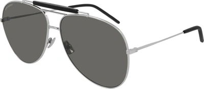Saint Laurent Grey Aviator Unisex Sunglasses Classic 11 Over-001 64 In Grey,silver Tone