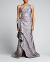 Rickie Freeman For Teri Jon One-shoulder Jacquard Side-ruffle Gown In Pink/lilac