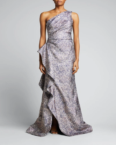Rickie Freeman For Teri Jon One-shoulder Jacquard Side-ruffle Gown In Blkblue
