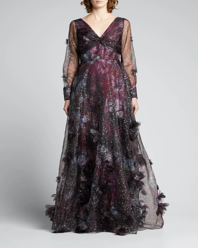 Marchesa Notte Foiled Printed Organza Gown W/ 3d Flowers In Mauve