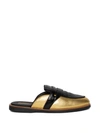 HUMAN RECREATIONAL SERVICES PALAZZO MULE SLIPPER GOLD AND BLACK