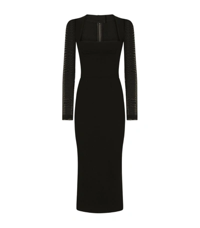 Dolce & Gabbana Sable Calf-length Dress With Tulle Sleeves In Black