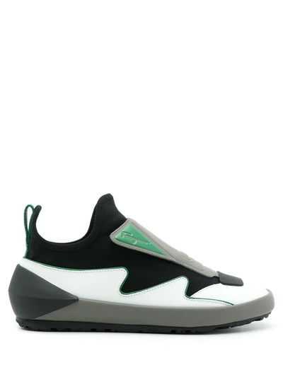 Ferragamo Colourblock Slip-on Sneakers In White,black,grey,green