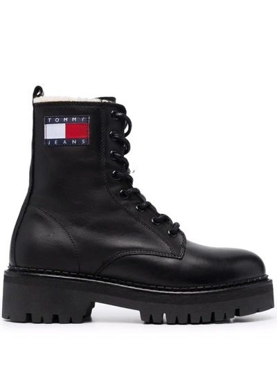 Tommy Jeans Logo Flag Lace-up Boots In Schwarz