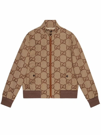 Gucci Logo-jacquard Leather-trimmed Cotton-blend Canvas Bomber Jacket In Beige