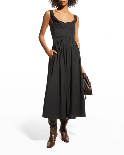 Rebecca Taylor Slub Sateen A-line Midi Dress In Black