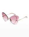 Chloé Semi-rimless Metal Butterfly Sunglasses In Gold/magenta