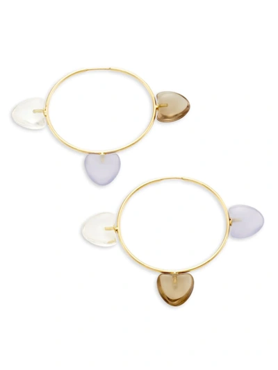 En Studio Women's Papal 14k Gold, Blue Chalcedony, Rock Quartz & Smokey Quartz Trio Hoops In Yellow Gold