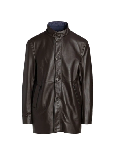 The Fur Salon Leather Stand Collar Longline Jacket In Brown Navy