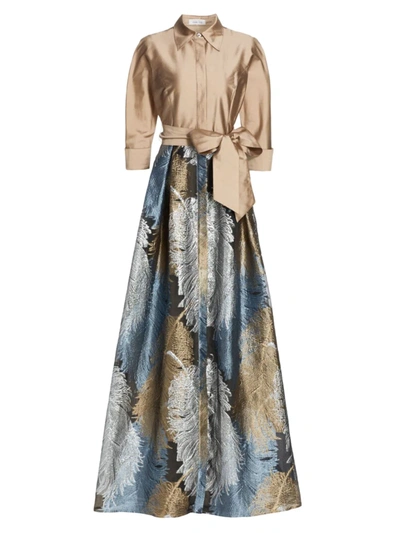 Teri Jon Two-tone Feather Jacquard Shirt Gown In Gold Multi