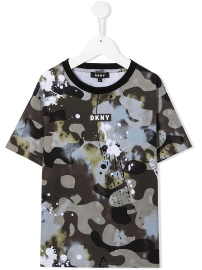 Dkny Kids' Camouflage-print Logo T-shirt In Green