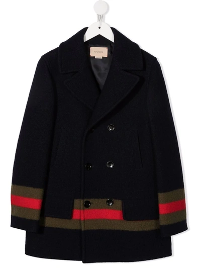 Gucci Kids' Wool Stripe-trim Double-breasted Coat In Blue