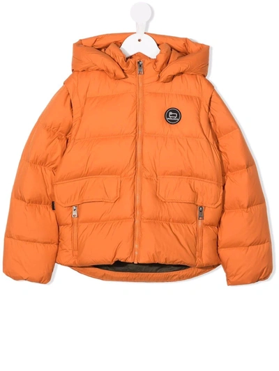 Woolrich Kids' Padded Down Logo Patch Coat In Orange