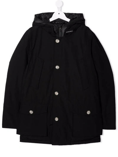 Woolrich Teen Hooded Button-up Padded Coat In Black