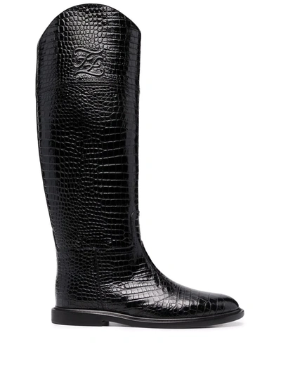 Fendi Karligraphy Croc-embossed Leather Boot In Black