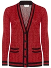 Saint Laurent Striped Metallic Cable-knit Cardigan In Red