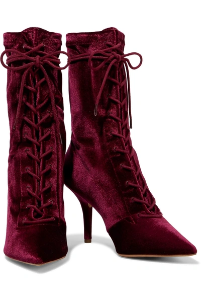 Yeezy Lace-up Stretch-velvet Sock Boots In Crimson