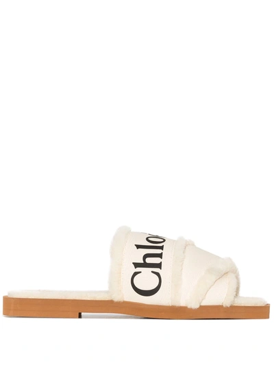 CHLOÉ WOODY LOGO-TAPE FLAT SANDALS